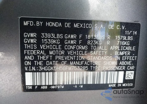 2015 Honda Fit Lx from USA, damaged, VIN 3HGGK5H56FM753285